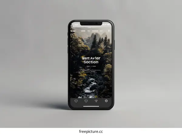 Mobile Phone Screen Displaying a Website with Forest and River Landscape