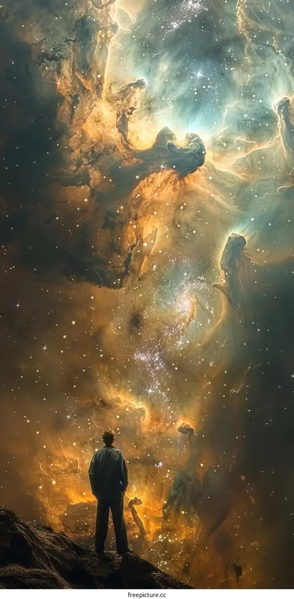 Man in Awe of Nebula in Night Sky
