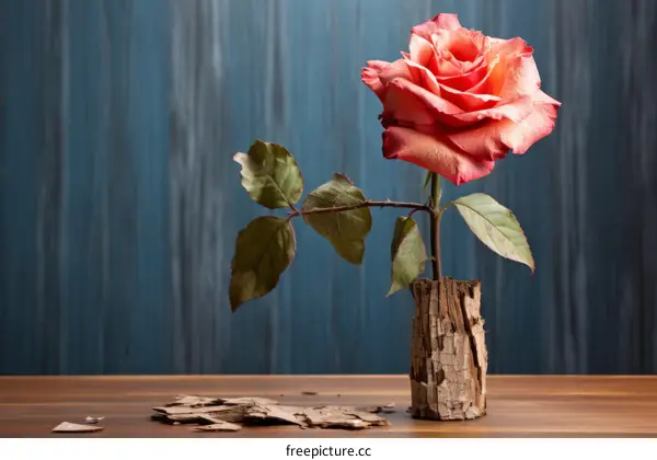 A single pink rose in a wooden vase