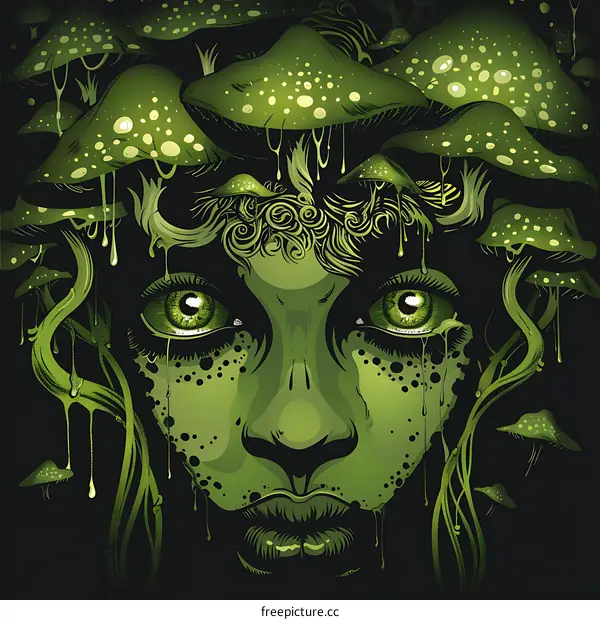 Green Woman with Mushrooms on Her Head