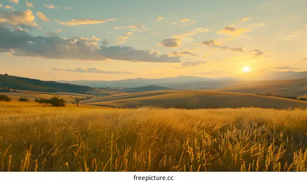 Golden Sunset Over Rolling Hills Landscape