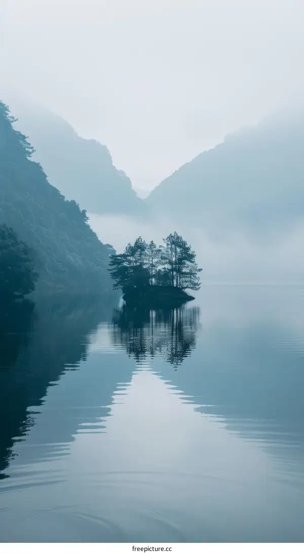 Serene Mountain Lake with Small Island