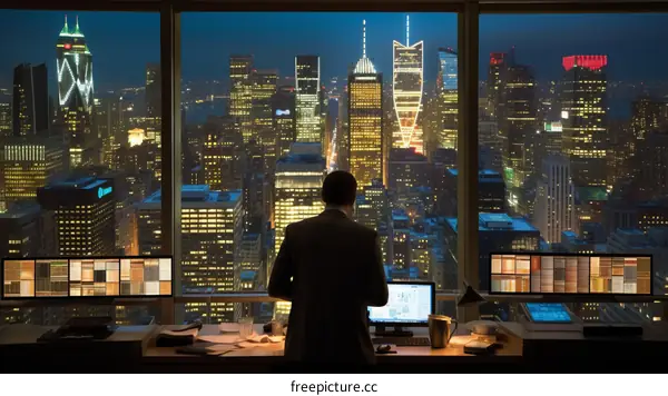 Man looking out at the night city from his office window