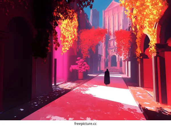 Mysterious City Alleyway With Red  and Yellow Leaves