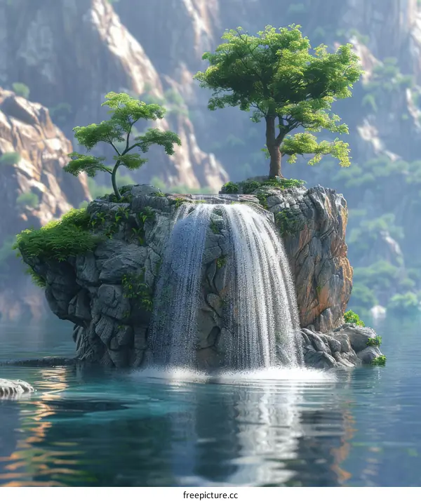 Lake Islet with Forest and Waterfall