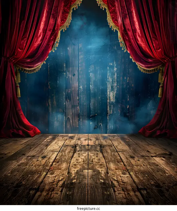 Red Velvet Stage Curtains With Wooden Background And Fog