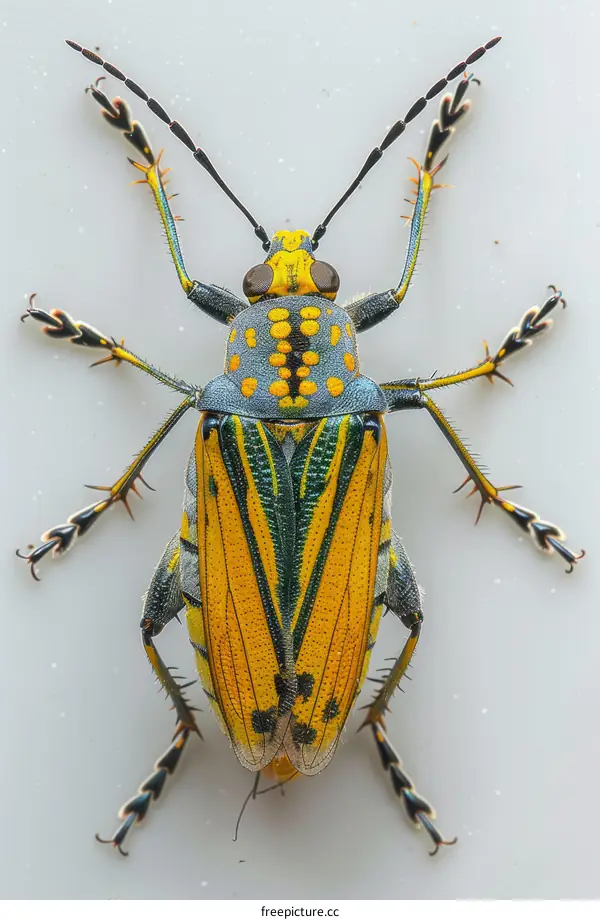 Strikingly Colored Beetle with Vibrant Yellow, Blue, and Green Markings