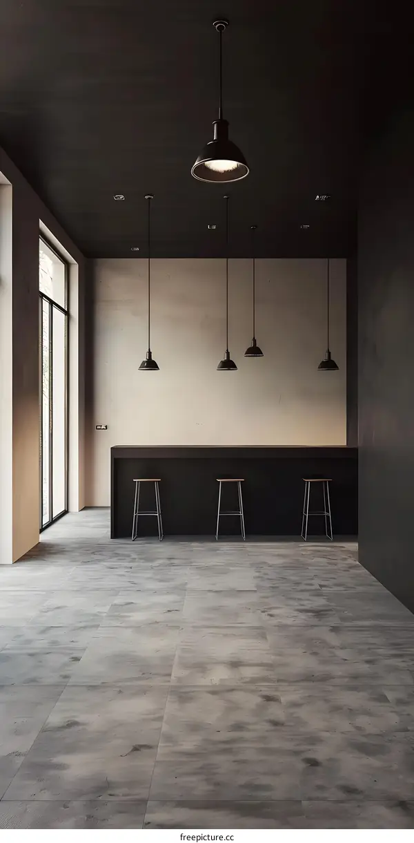 Modern Bar Interior Design with Concrete Floor and Black Ceiling