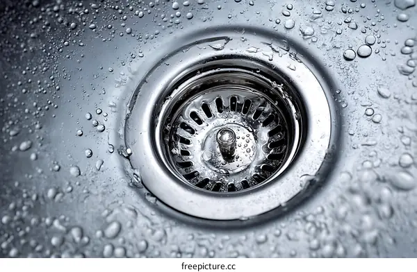 Close-up of Stainless Steel Sink Drain with Water Drops