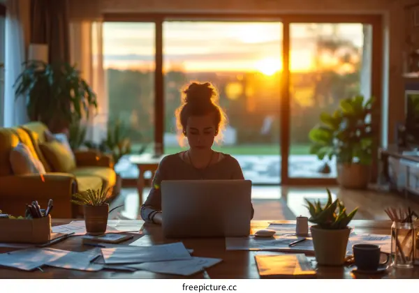 Woman working from home using laptop in home office