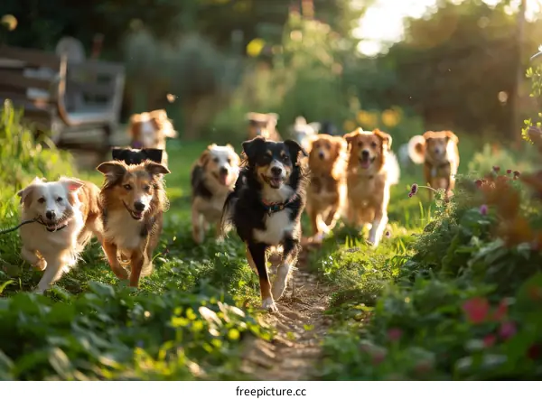 Pack of Dogs Running Through a Grassy Field