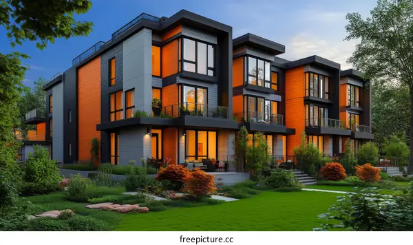Modern Townhouses at Dusk with Lush Landscaping