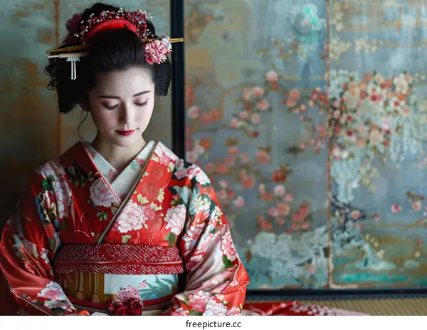 A beautiful Japanese woman in a kimono with red and white flowers and a pink bow in her hair kneels on the floor.