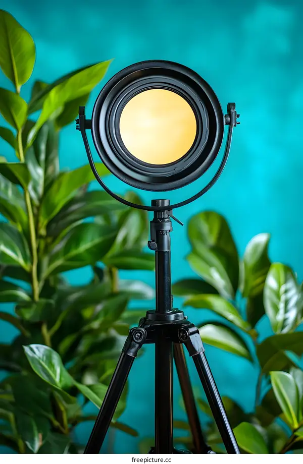 Black Studio Light with Tripod and Plants in the Background
