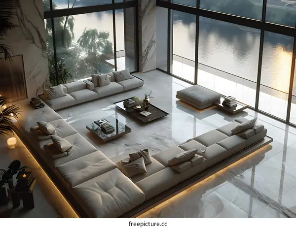 Bright modern living room interior design with large windows overlooking lake