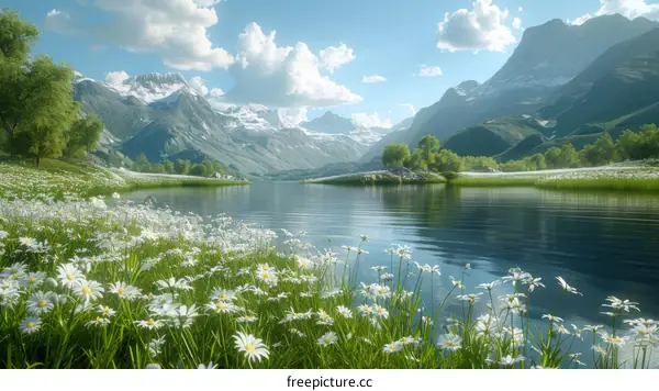 Tranquil Mountain Lake with Blooming Chamomile Flowers