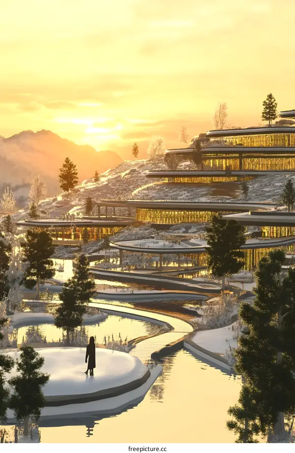 Futuristic Architecture Design of a Building on a Mountain Landscape