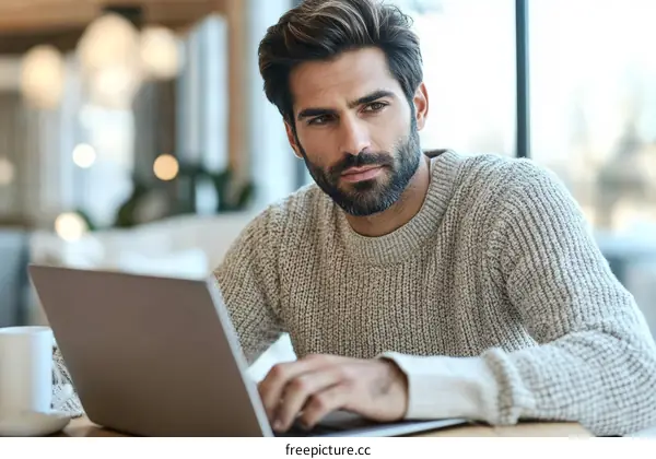 Focused Man Working on Laptop in Cafe