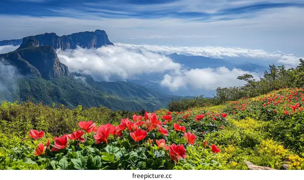 Mountain View with Red Flowers and Clouds