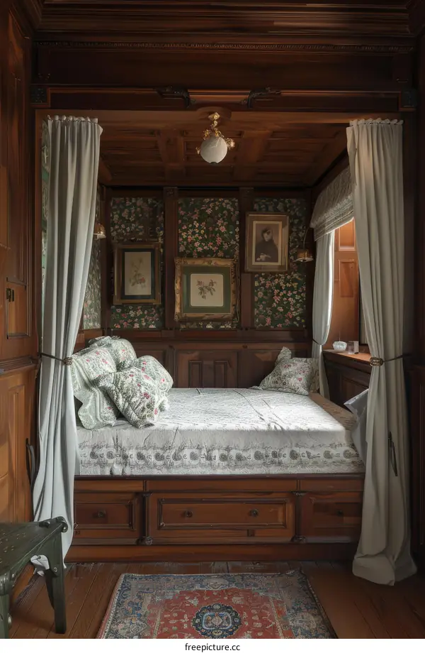 Antique Wooden Built-in Bed in a Room with Floral Wallpaper