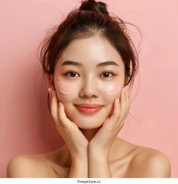 Smiling Asian Woman with Pink Face Mask
