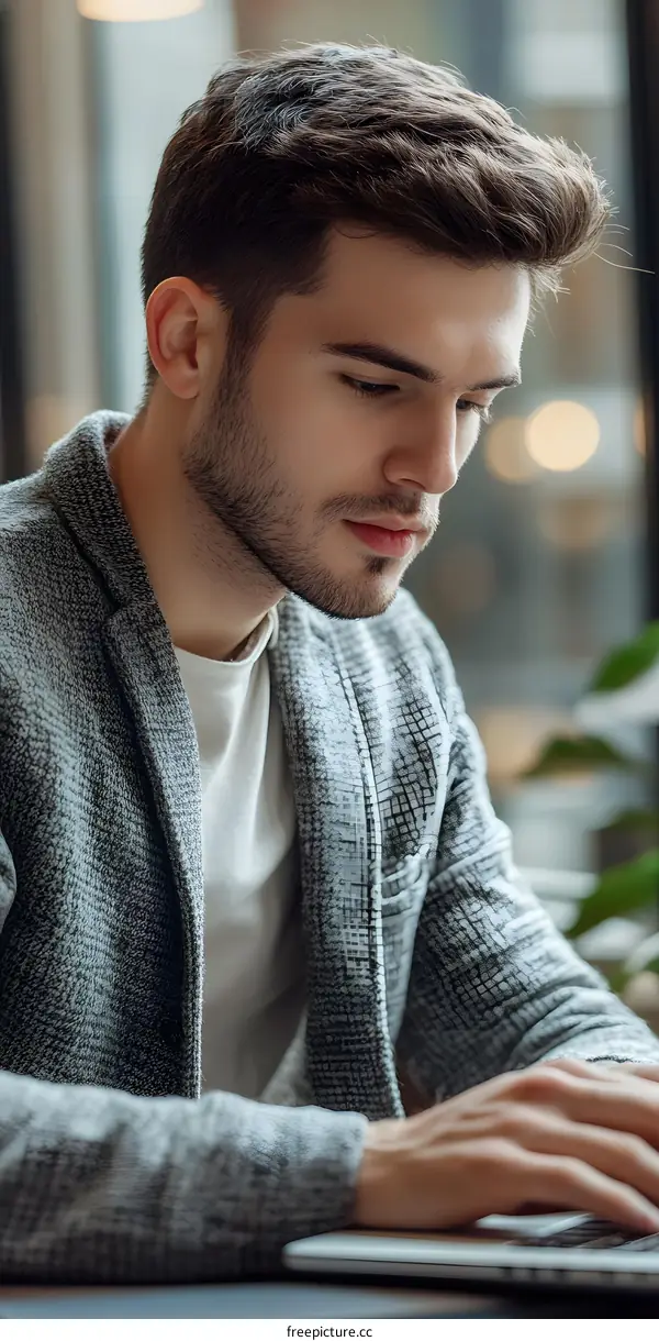 Man Working On Laptop At A Cafe