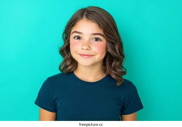 Portrait of a Smiling Girl Against Teal Background