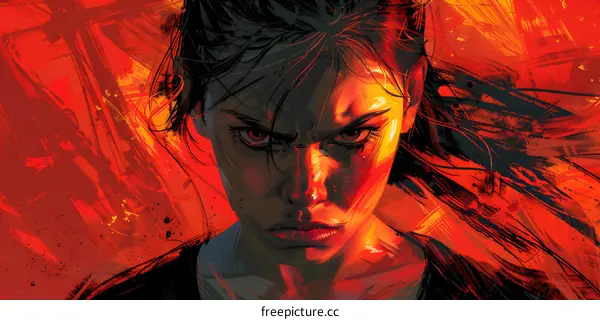 Angry Woman with Red Background Abstract Art