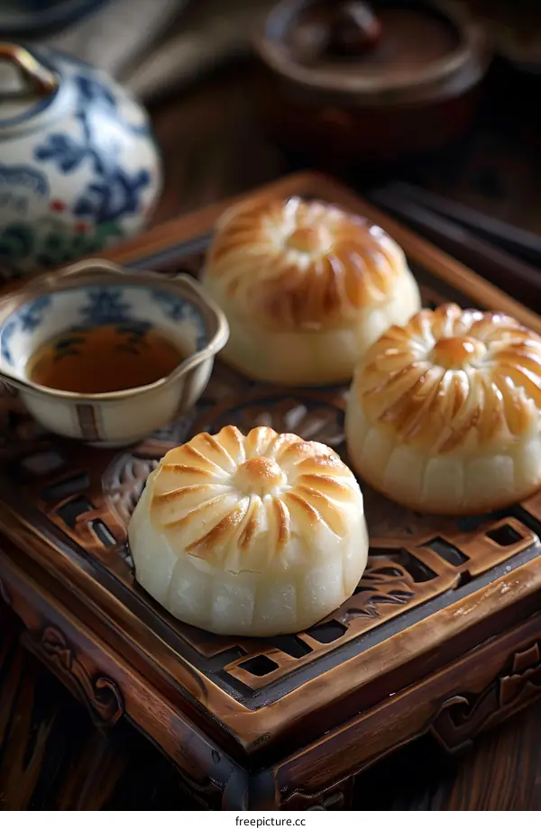 Close up of Delicious Chinese Moon Cakes on a Wooden Tray