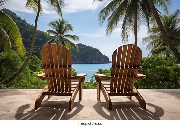 Two wooden chairs sit on a stone terrace overlooking a tropical beach