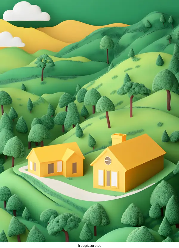 Yellow Houses on Green Hills Illustration