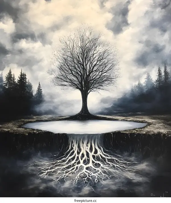 Abstract Tree Painting with Roots and Water