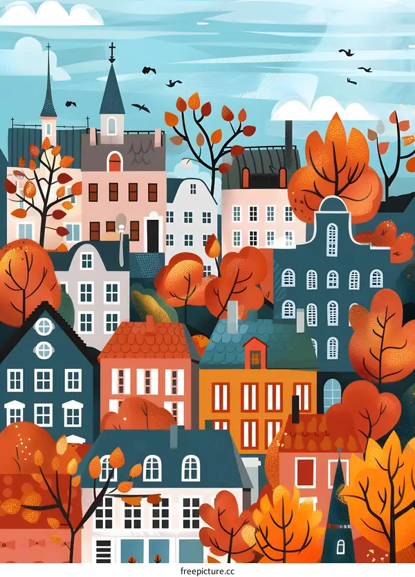 Autumn Cityscape with Colorful Buildings and Trees