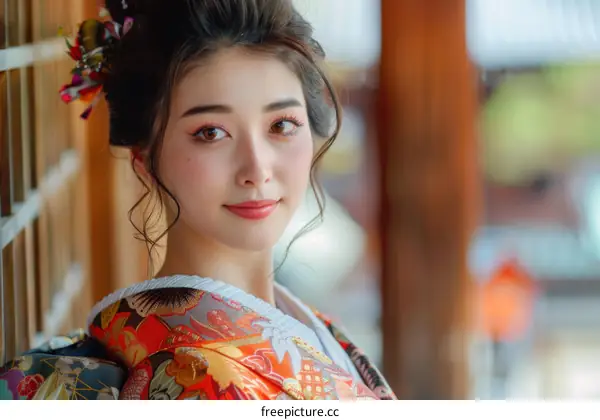 Portrait of a beautiful Japanese woman in traditional kimono