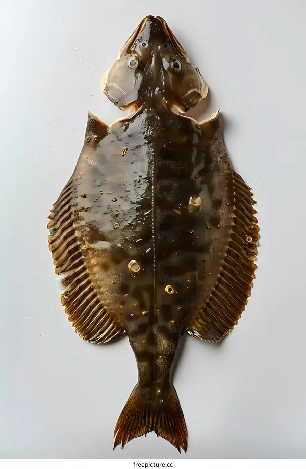 A large flounder fish lies on a white surface