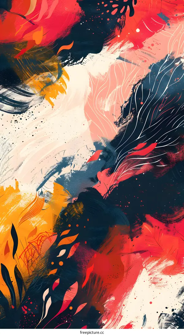 Abstract painting with bright colors and leaf motifs