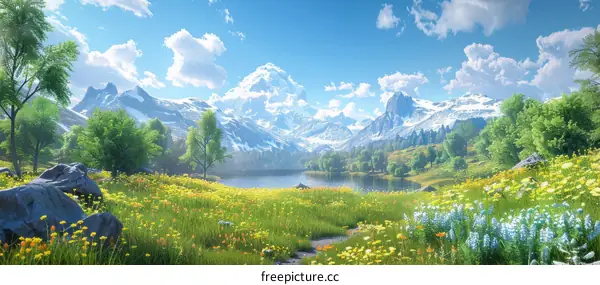 Majestic Mountain Landscape with Sparkling Lake and Wildflowers