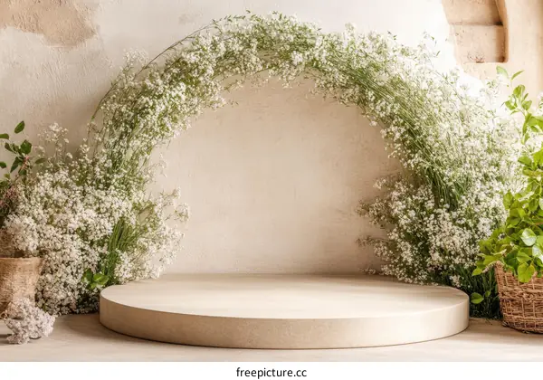 Elegant Floral Display on Beige Wooden Platform