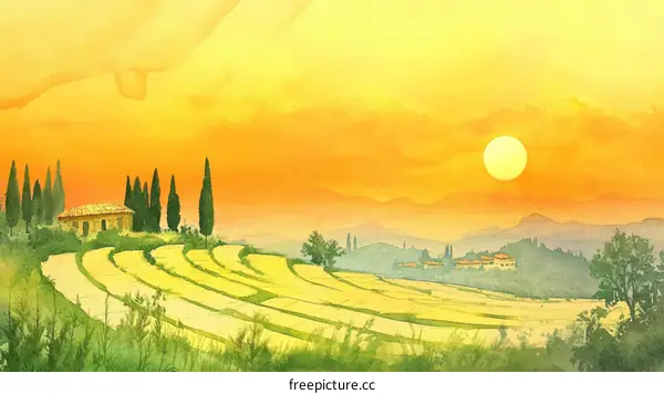 Watercolor Painting of a Scenic Italian Sunset Landscape