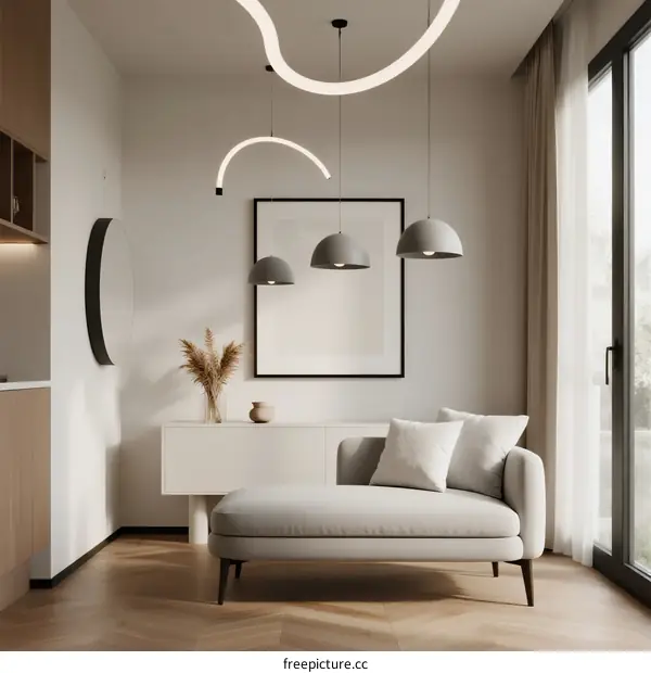 Modern Minimalist Living Room with Curved Ceiling Lights and Chaise Longue