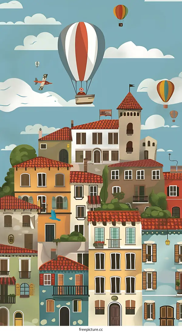 Vintage Illustration of Colorful Buildings in European City with Hot Air Balloons
