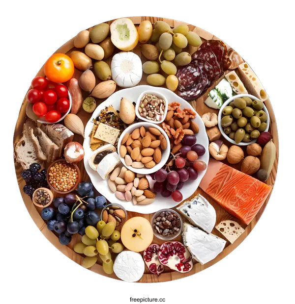 [Transparent Background PNG]Round Wooden Serving Board with Assorted Foods