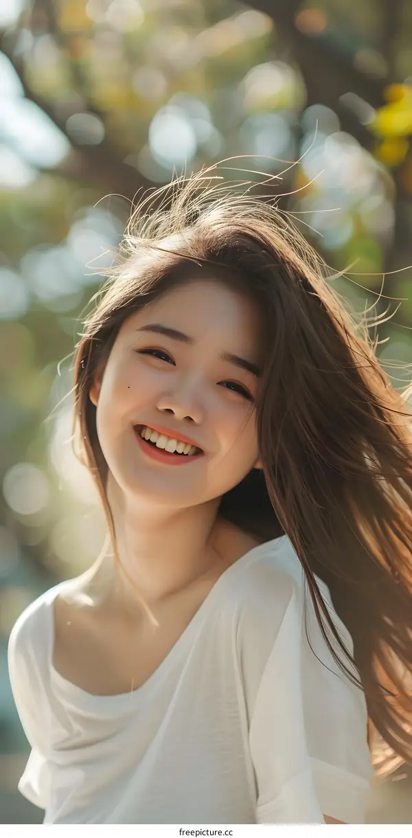 Young Woman with Long Brown Hair Smiling in the Sunshine