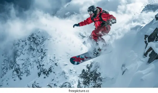 Man in red snowboarding down a steep mountain slope