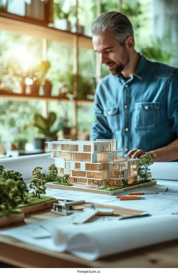 Male architect working on a model house