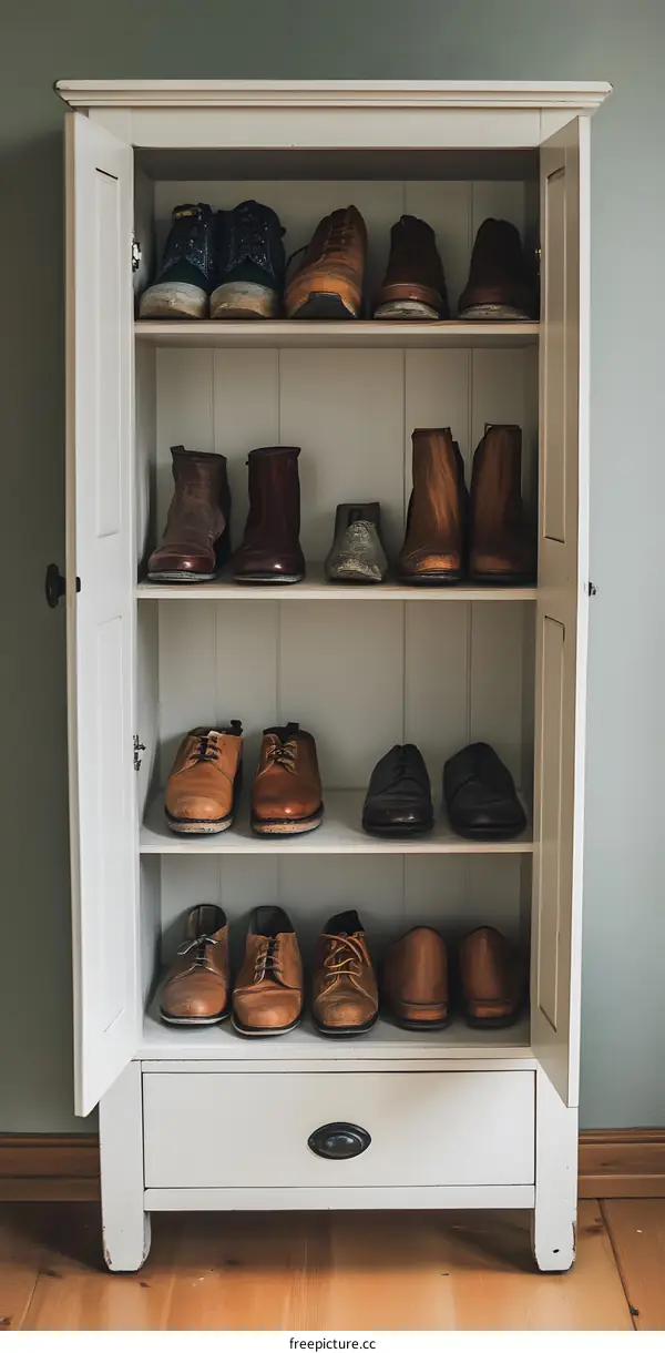 White Wooden Shoe Cabinet with Multiple Pairs of Shoes