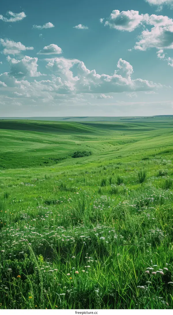 Green rolling hills under a blue sky with white clouds