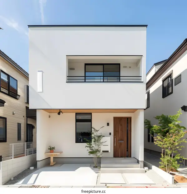 Modern Minimalist White House with Wooden Door and Balcony