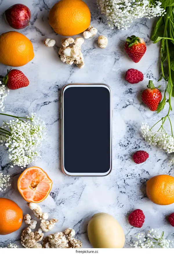 Mobile Phone Mockup With Fruits On Marble Background