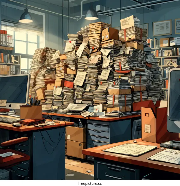 A messy office with a large stack of papers and boxes